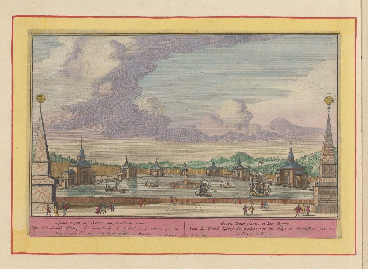 Stor dam med skip i hagen til Palacio del Buen Retiro i Madrid Groote Waterplaats, i Retiro (tittel på objekt) Theatrum Hispaniae (...) (serietittel) av Pieter van den Berge