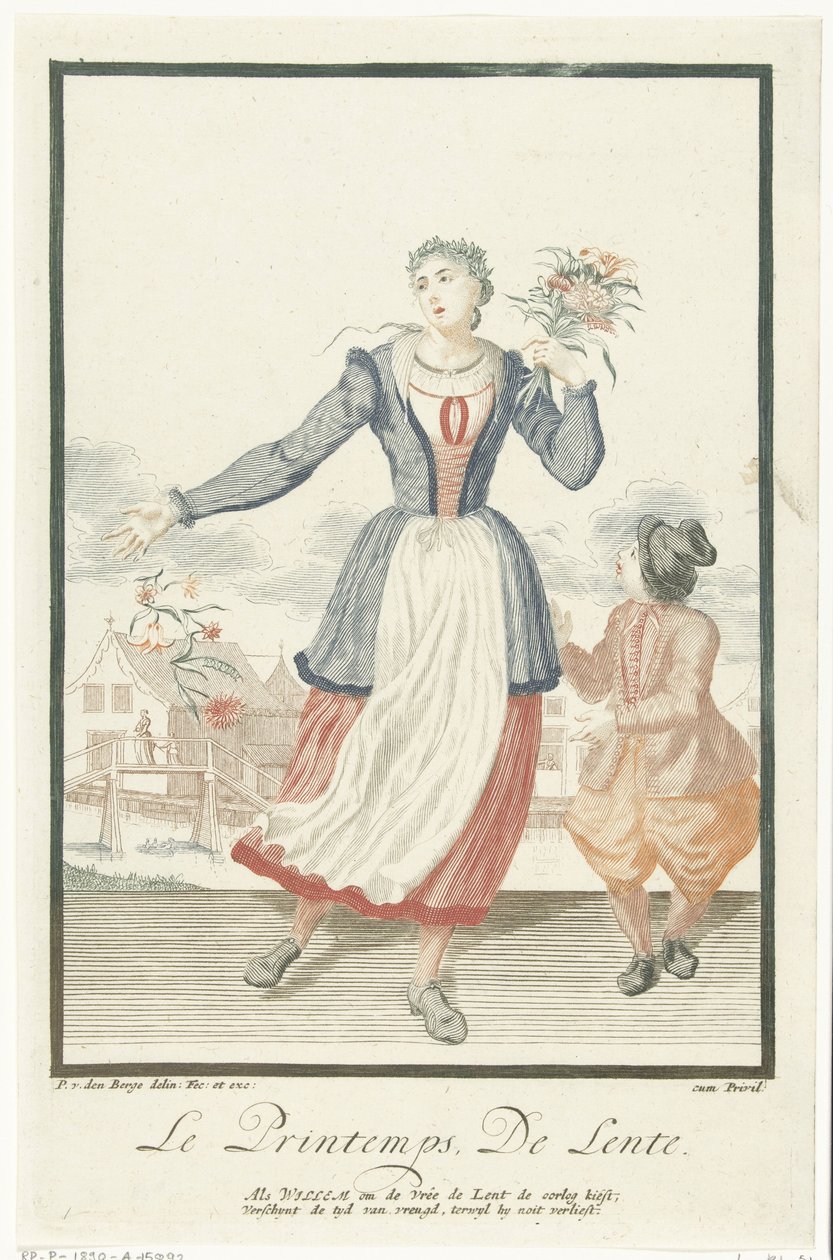 Ung kvinne med en haug med blomster Le Printemps / Våren (tittel på objekt) The Four Seasons (serietittel) av Pieter van den Berge