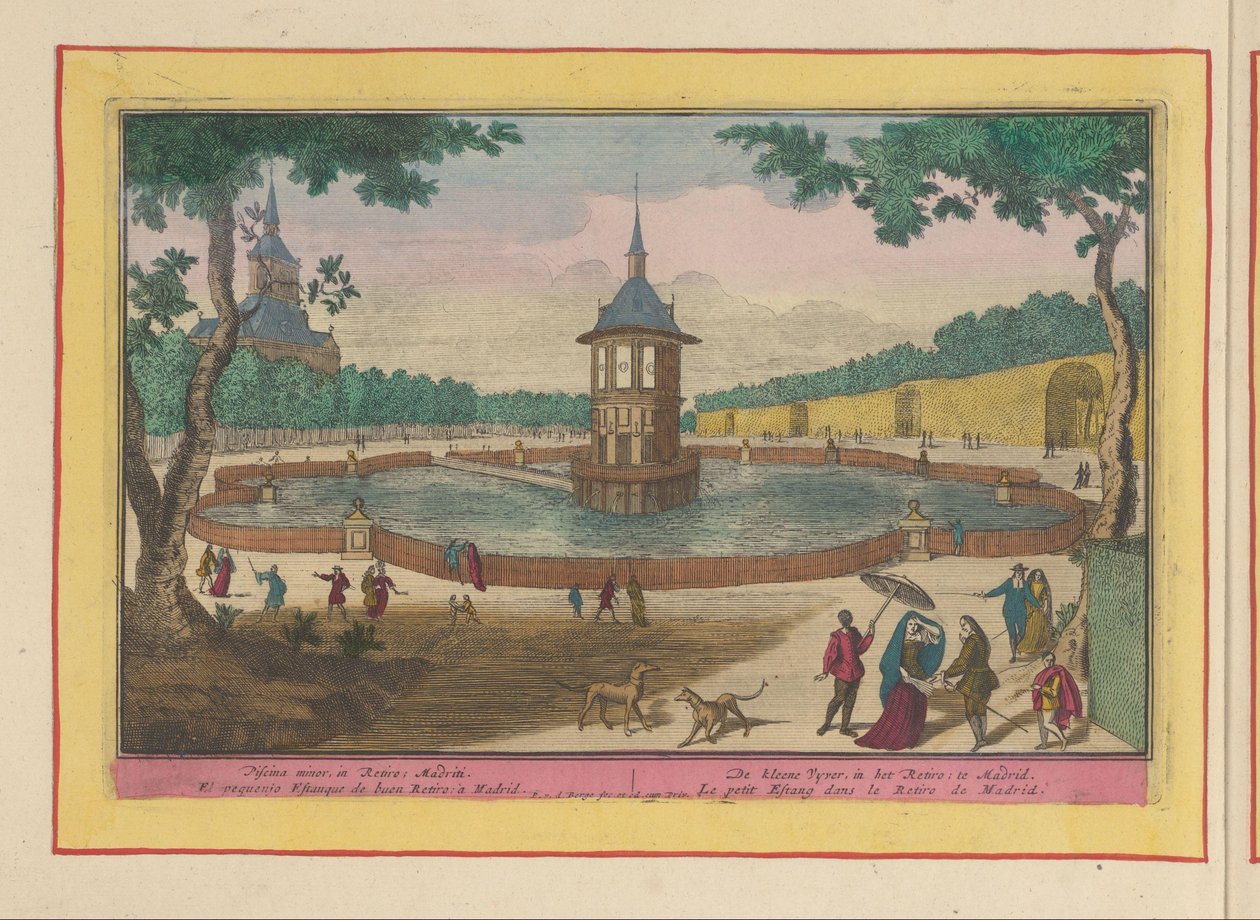 Liten dam i hagen til Palacio del Buen Retiro i Madrid Kleene Vyver, i Retiro; i Madrid (tittel på objekt) Theatrum Hispaniae (...) (serietittel) av Pieter van den Berge