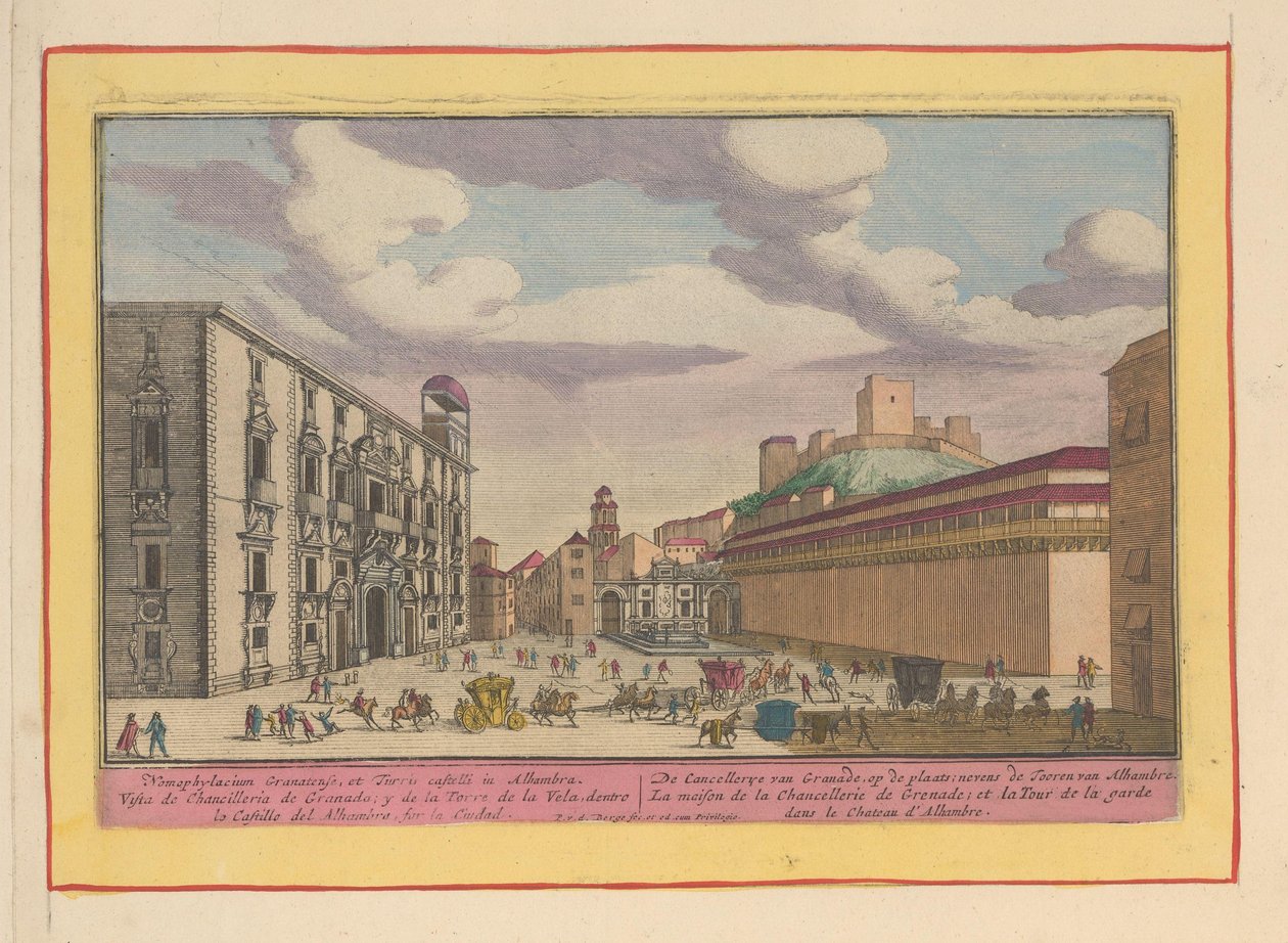Royal Chancelly eller Real Chancillería i Granada Cancellerye of Granade, på stedet; ved siden av Towers of Alhambre (tittel på objekt) Theatrum Hispaniae (...) (serietittel) av Pieter van den Berge