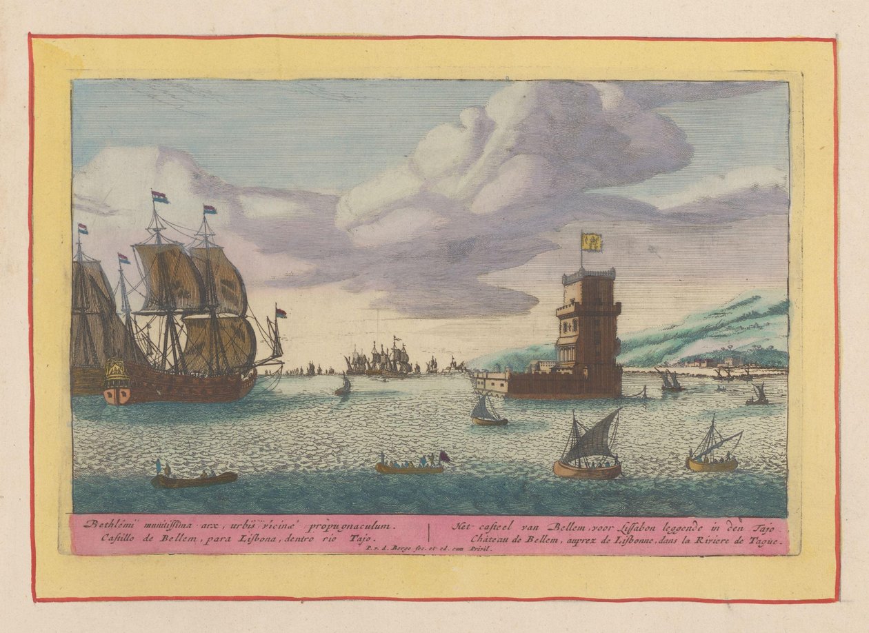 Tower of Belém ligger i elven Tejo Slottet Bellem, som ligger foran Lisboa i Tajo (tittel på objekt) Theatrum Hispaniae (...) (serietittel) av Pieter van den Berge