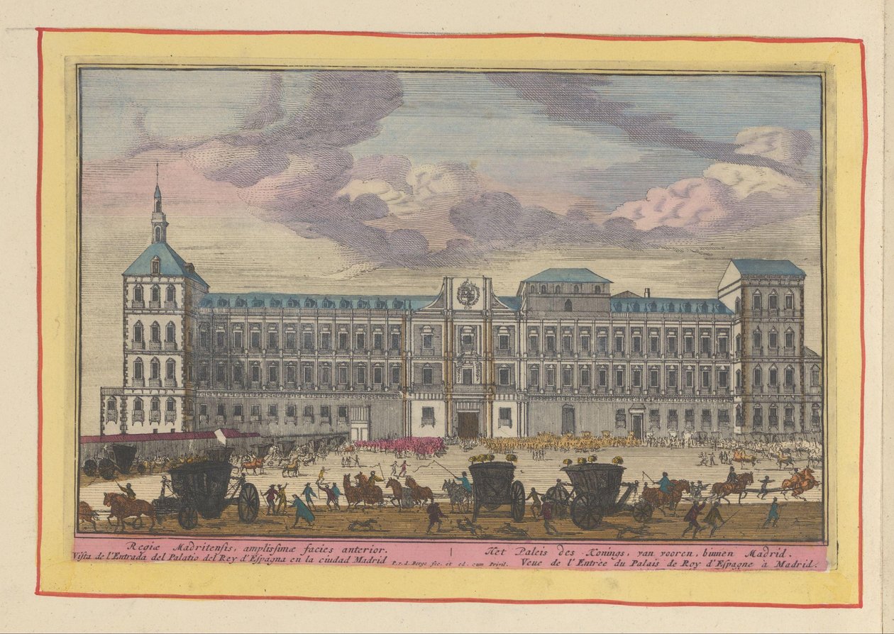Forfra av det kongelige palasset i Madrid Kongens palass, forfra, inne i Madrid (tittel på objekt) Theatrum Hispaniae (...) (serietittel) av Pieter van den Berge