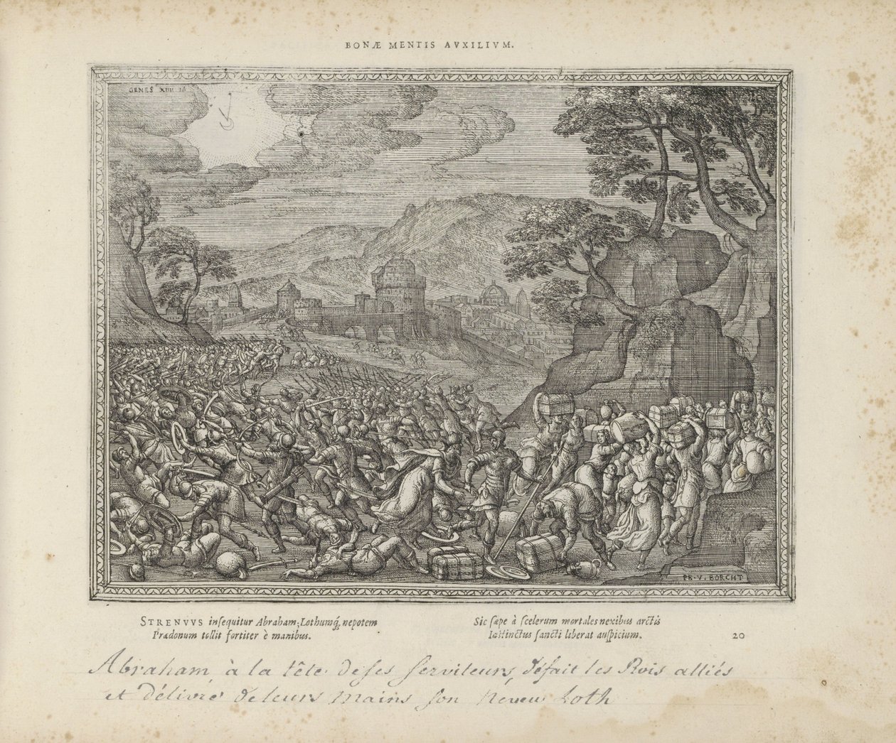 Abraham bevrijdt Lot Hjelp av et godt sinn (tittel på objekt) De hellige emblemene og hovedhistoriene til begge testamentene (Oude Testamentet) (serietittel) Bilder og figurer av bøker (serietittel) av Pieter van der Borcht (I)