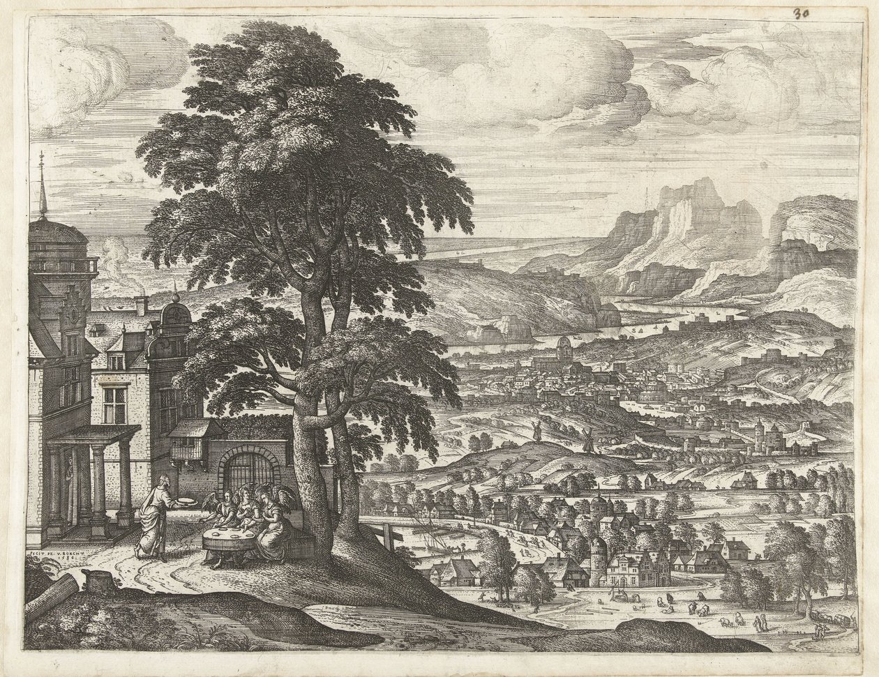 Abraham mater de tre englene Landskap med historien om Abraham (serietittel) av Pieter van der Borcht (I)