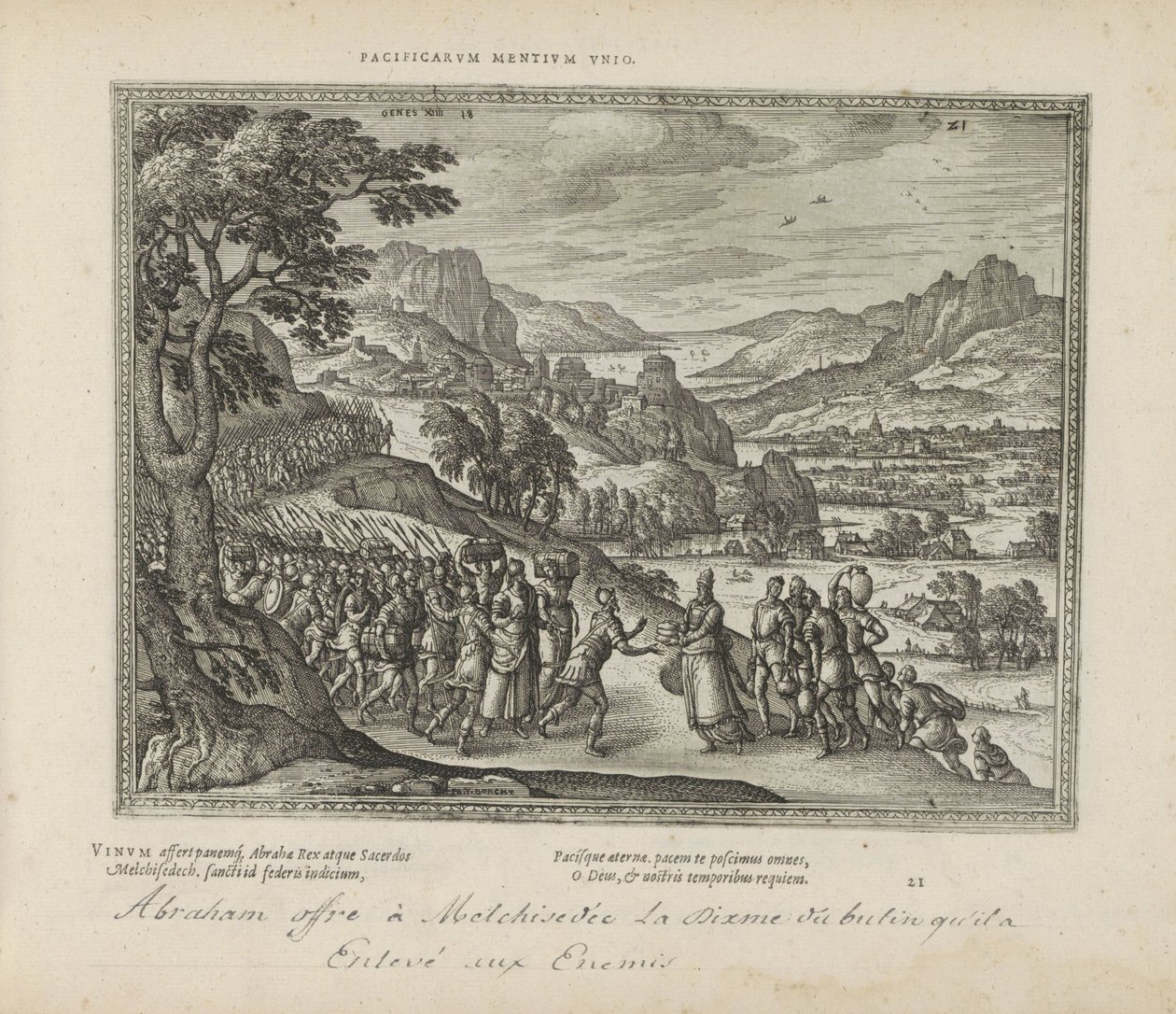 Abraham møtte Melkisedek En forening av fredelige sinn (tittel på objekt) De hellige emblemene og hovedhistoriene til begge testamentene (Oude Testamentet) (serietittel) Bilder og figurer av bøker (serietittel) av Pieter van der Borcht (I)