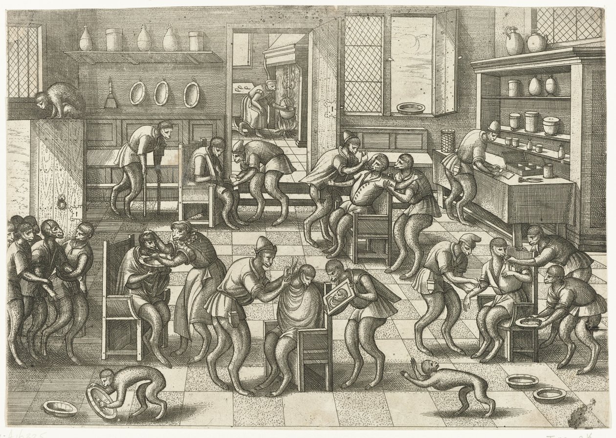 Frisør- og kirurgerbutikk Monkey-spill (serietittel) av Pieter van der Borcht (I)