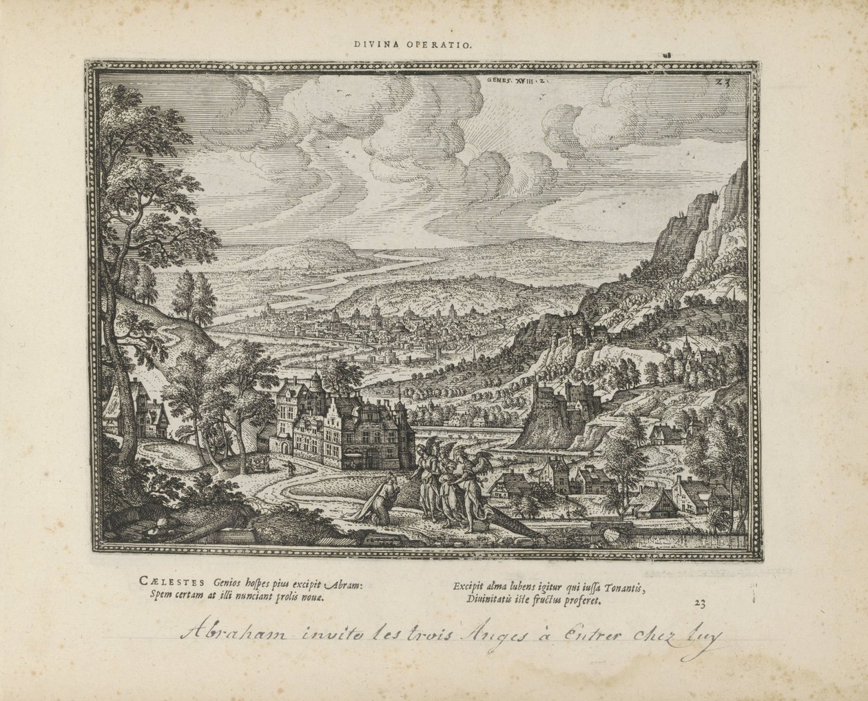 Landschap met Abraham en de drie engelen Guddommelig operasjon (tittel på objekt) De hellige emblemene og hovedhistoriene til begge testamentene (Oude Testamentet) (serietittel) Bilder og figurer av bøker (serietittel) av Pieter van der Borcht (I)