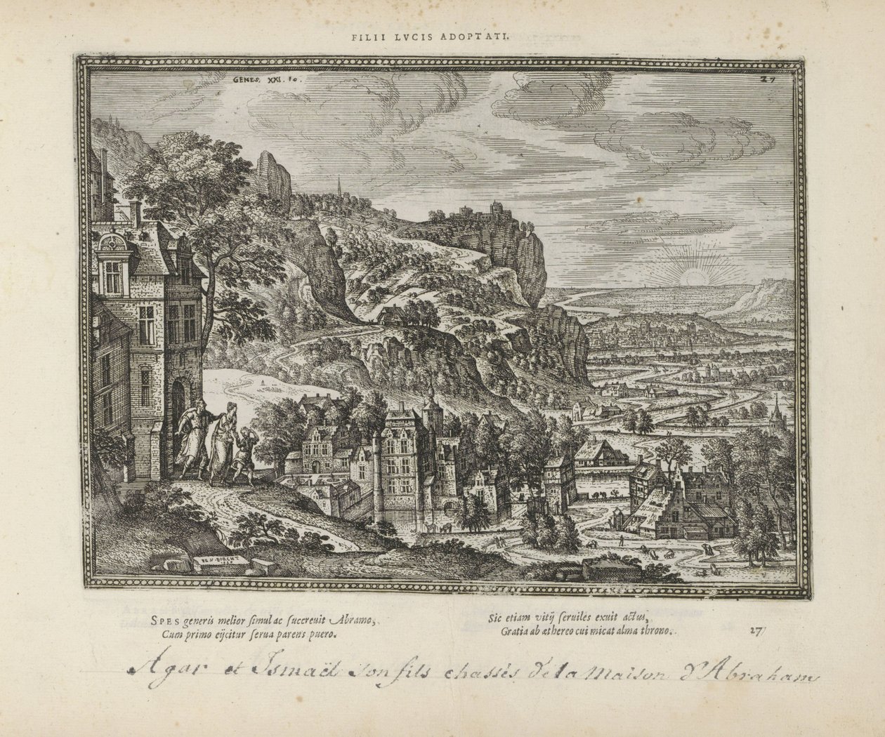 Landschap met de verdrijving van Hagar en Ismaël av Abraham Adopterte sønner av lucus (tittel på objekt) De hellige emblemene og hovedhistoriene til begge testamentene (Oude Testamentet) (serietittel) Bilder og figurer av bøker (serietittel) av Pieter van der Borcht (I)