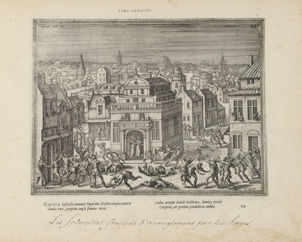 Mannen van Sodom møtte blindheid slagen (tittel på objekt) De hellige emblemene og hovedhistoriene til begge testamentene (Oude Testamentet) (serietittel) Bilder og figurer av bøker (serietittel) av Pieter van der Borcht (I)