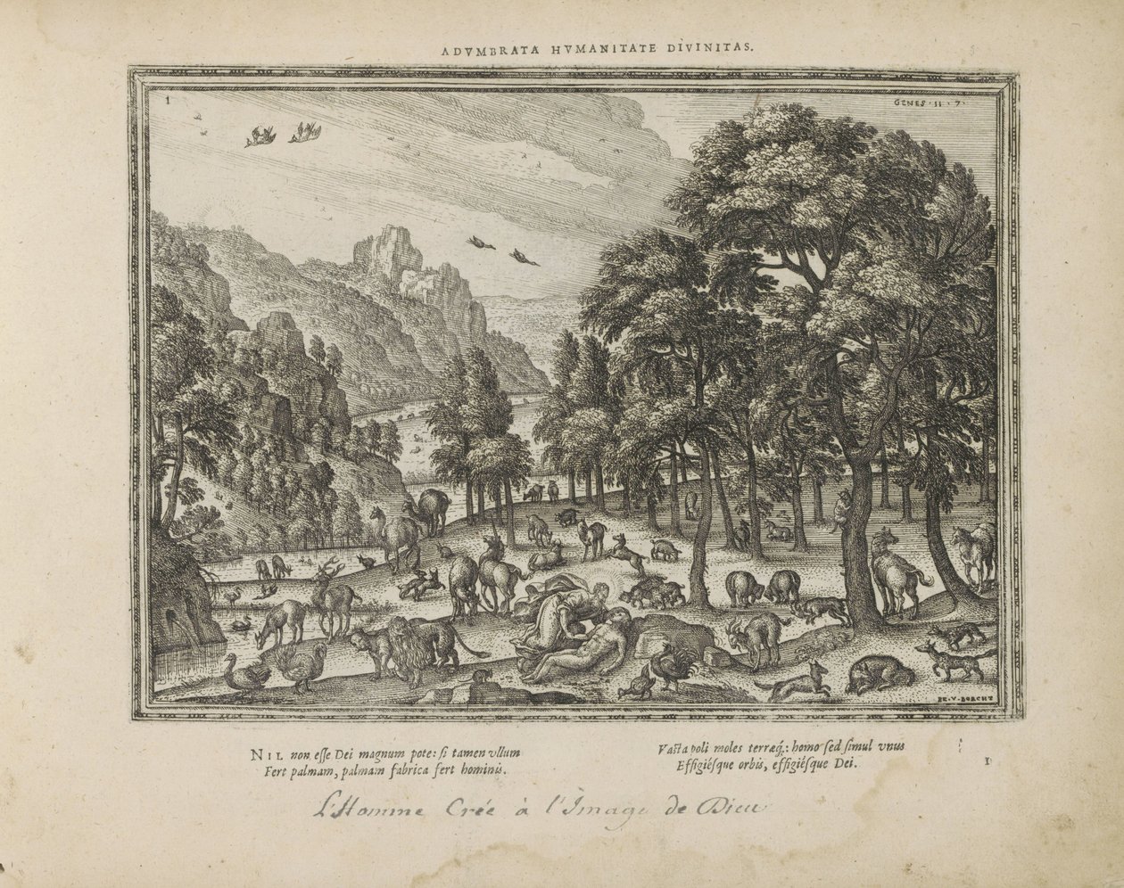 Schepping van de mind Guddommelighet skissert i menneskeheten (tittel på objekt) De hellige emblemene og hovedhistoriene til begge testamentene (Oude Testamentet) (serietittel) Bilder og figurer av bøker (serietittel) av Pieter van der Borcht (I)