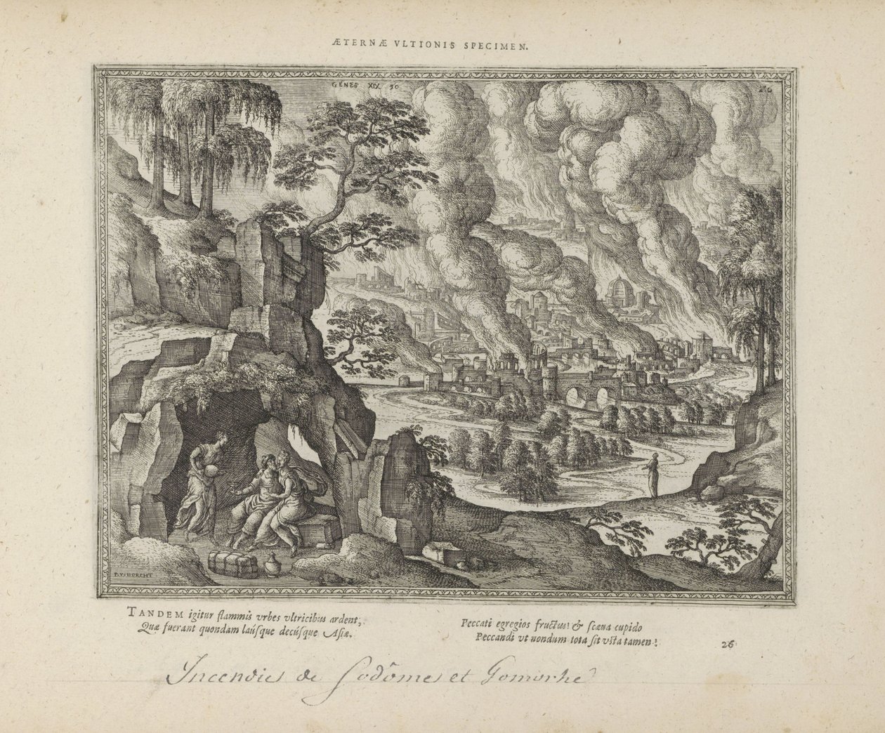 Vernietiging van Sodom en Gomorra / Lot en zijn datters Eternal monument of justice (tittel på objekt) De hellige emblemene og hovedhistoriene til begge testamentene (Oude Testamentet) (serietittel) Bilder og figurer av bøker (serietittel) av Pieter van der Borcht (I)