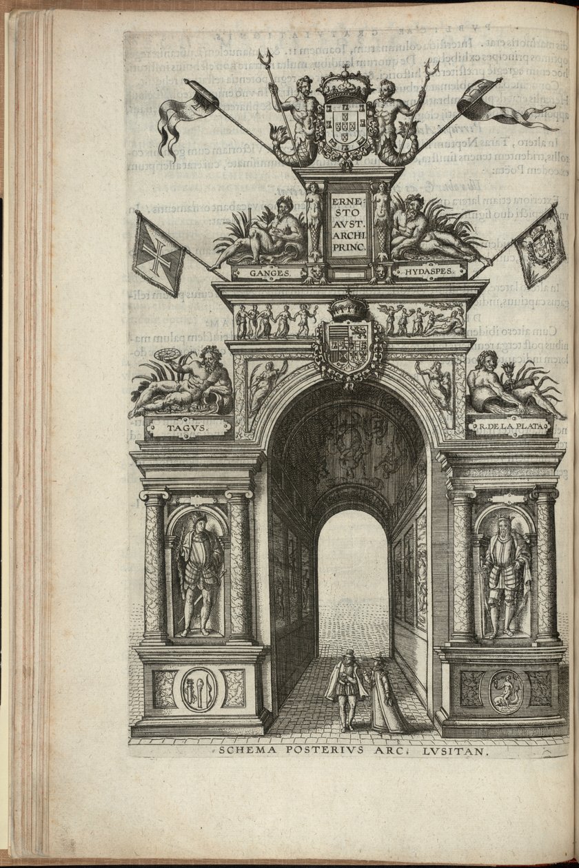 Elvene Tejo, Plata, Ganges og Hydaspes. Baksiden av den portugisiske triumfbuen, Inntreden av Ernst, erkehertug av Østerrike, i Antwerpen, utgitt 1595 (gravering) av Pieter van der Borcht