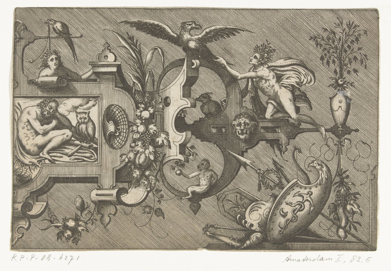 Høyre halvdel av en stor kartusj som viser natten Compertimenta pictoriis flosculis manubiisque... (serietittel) av Pieter van der Heyden