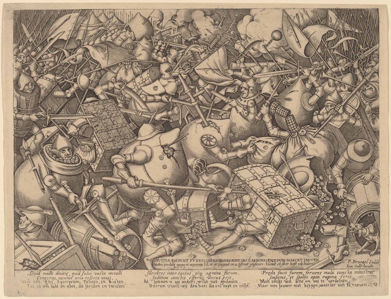 Kampen om pengesekkene og sterke boksene av Pieter van der Heyden after Pieter Bruegel the Elder