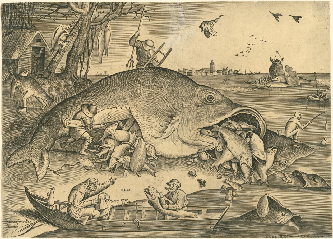 Den store fisken Spis den lille fisken av Pieter van der Heyden after Pieter Bruegel the Elder