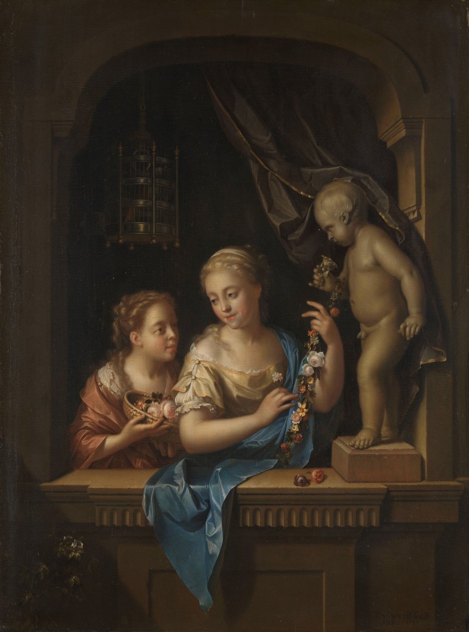To jenter med blomster ved en statue av Amor To jenter med blomster nær en statue av Amor av Pieter van der Werff