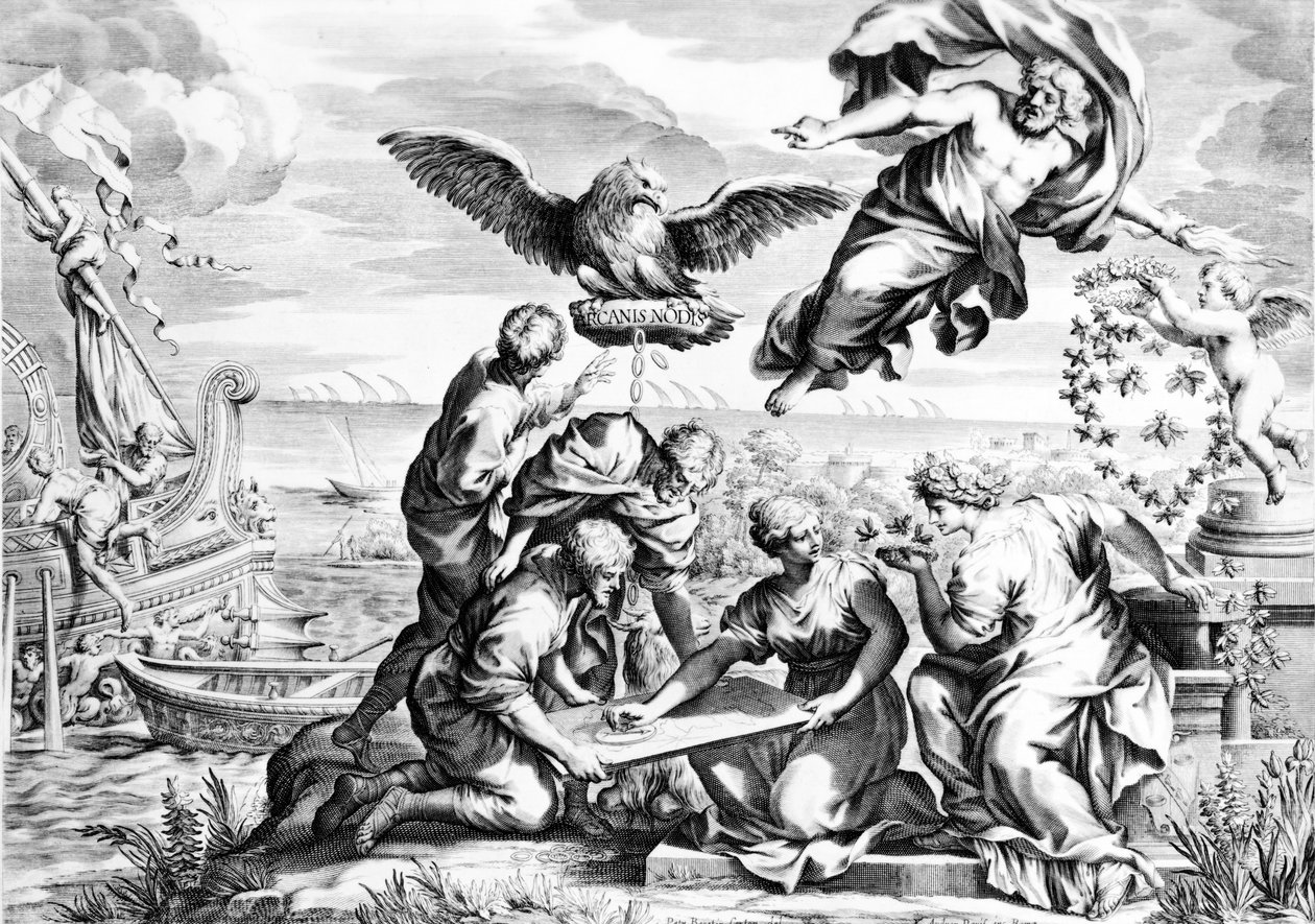 Allegori over Barberini-familien, trykk laget av Karl Audran ca. 1623-40 av Pietro da Cortona