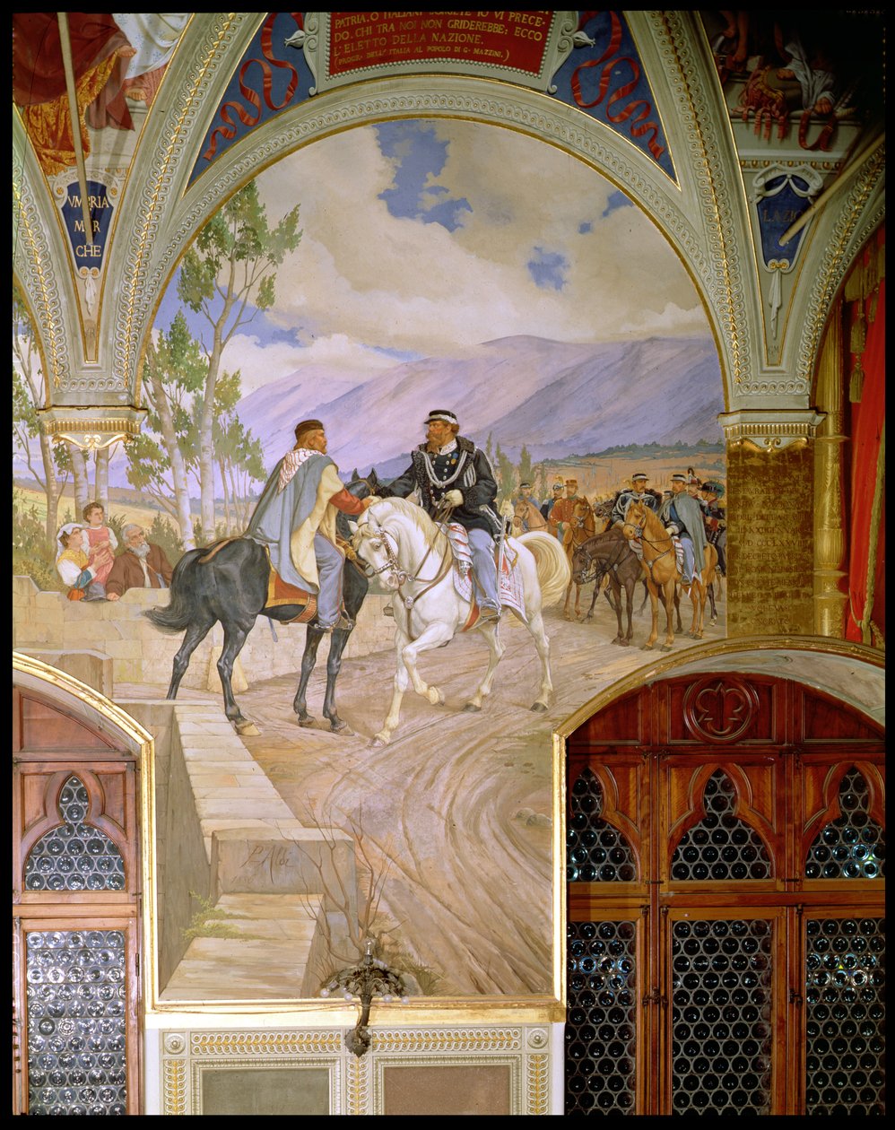 Møtet mellom Giuseppe Garibaldi (1807-82) og kong Vittorio Emanuele II (1820-78) den 26. oktober 1860 i Teano, Italia, 1886 av Pietro Aldi