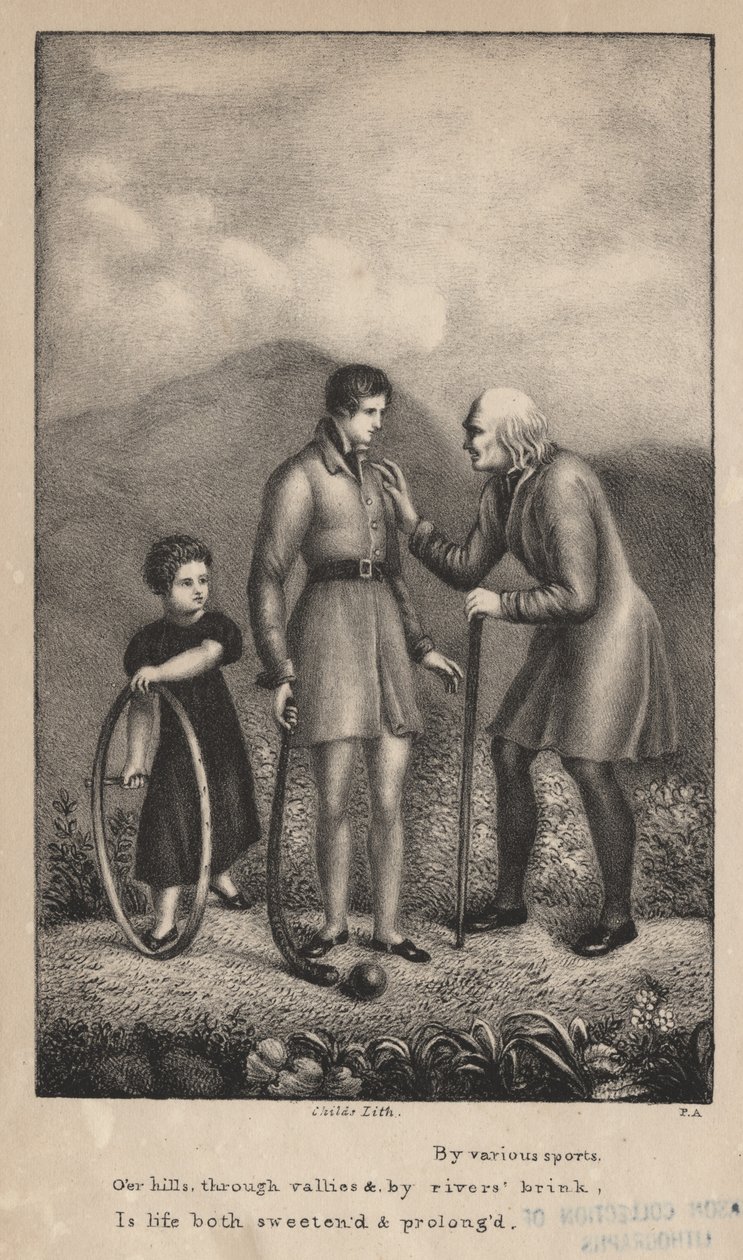 Ved forskjellige idretter, over åsene, gjennom dalene og ved elverbrinken, er livet både mildere og forlenget, litho av C.G. Barn av Pietro Ancora