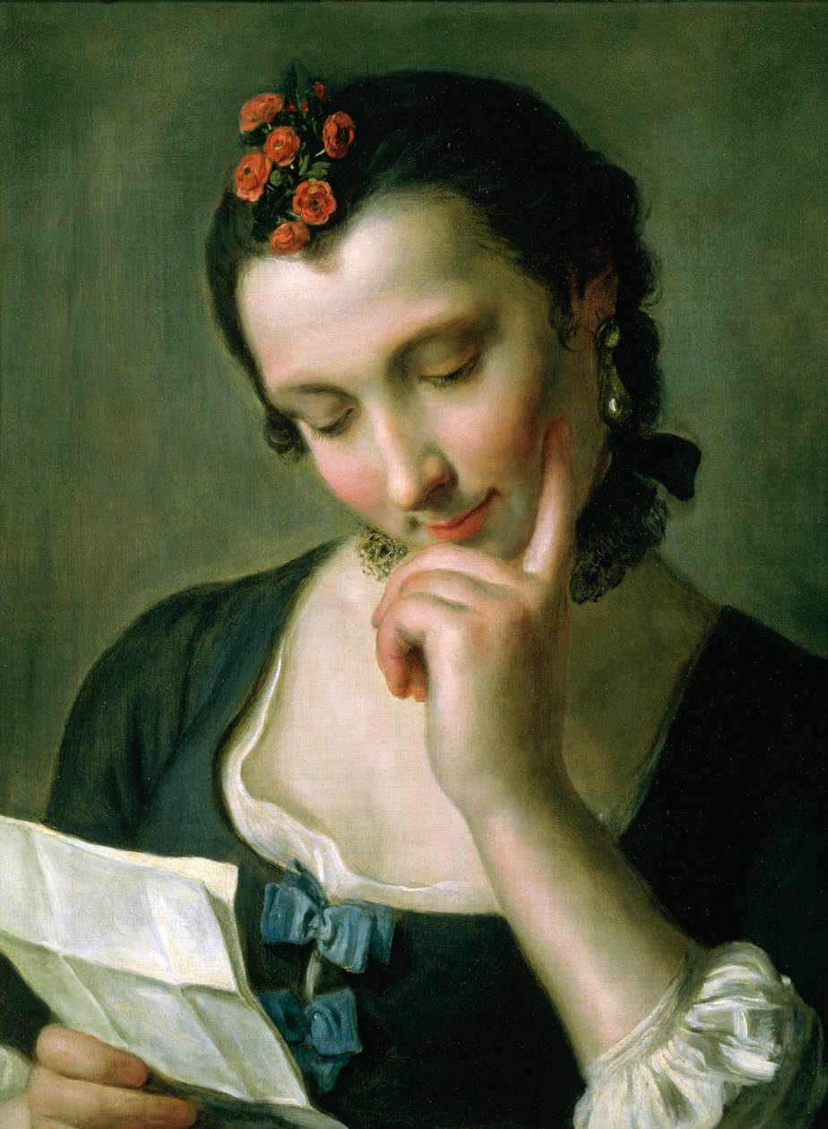 En ung kvinne som leser et kjærlighetsbrev av Pietro Antonio Rotari