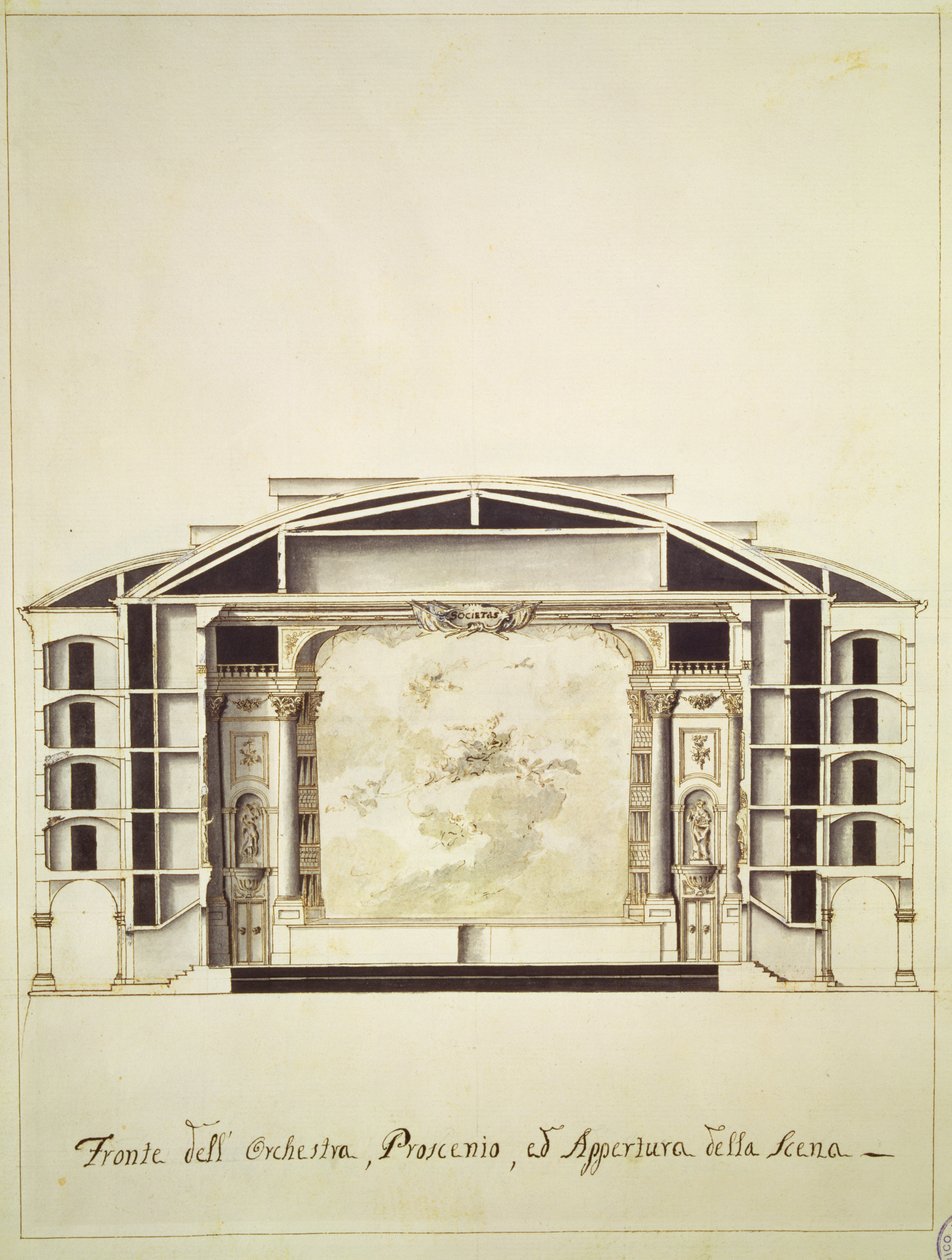 Tverrsnittsvisning av et teater ved Canal Grande som viser scenen og orkesteret, 1787 av Pietro Bianchi