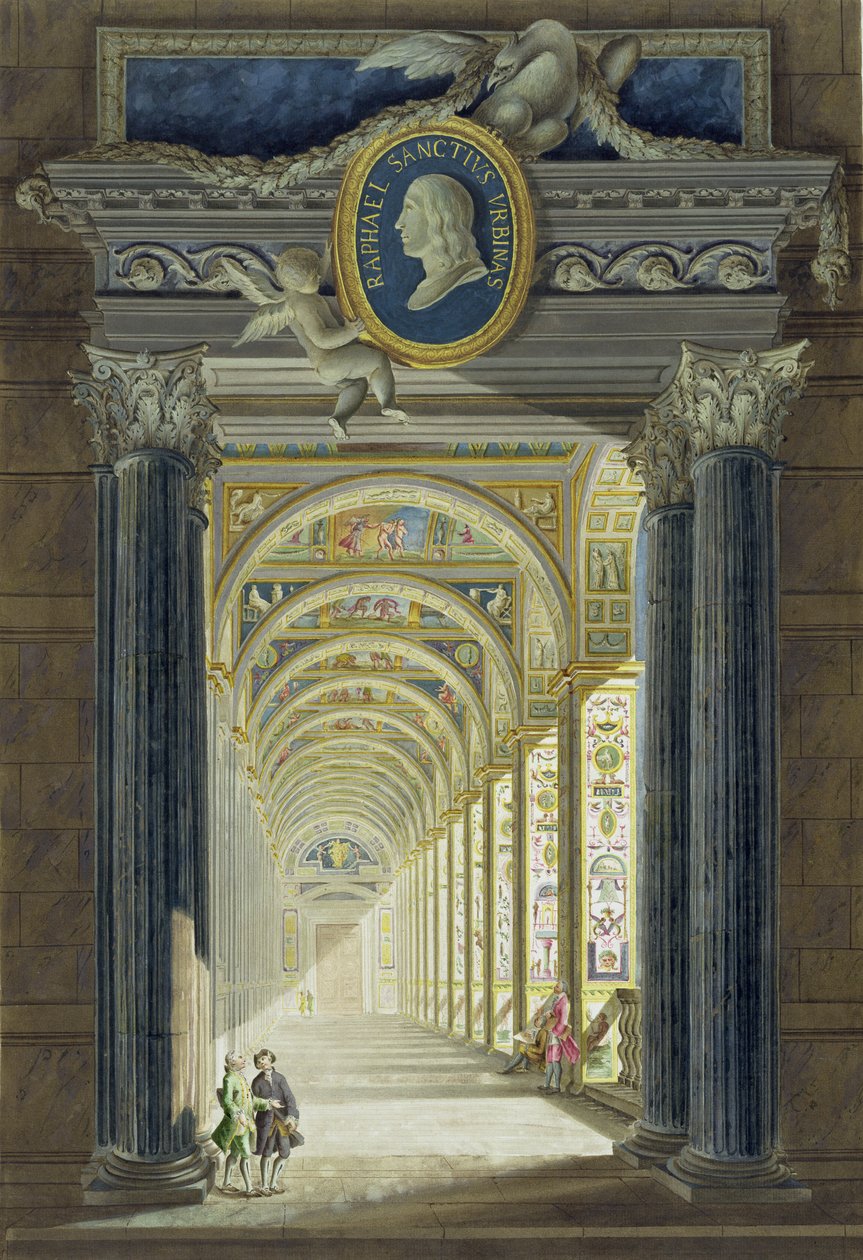 Frontispice med et medaljongportrett av Raphael (1483-1520), fra Delle Loggie di Rafaele nel Vaticano, gravert av Giovanni Volpato (1735-1803), utgitt ca. 1772-77 (håndfarget gravering) av Pietro Camporesi
