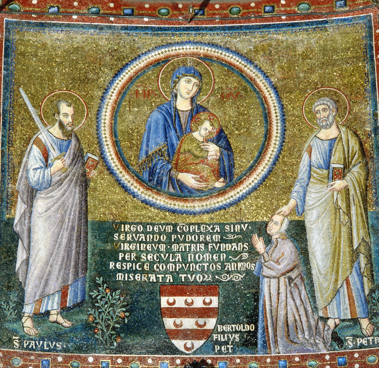 Madonna og barn mellom de hellige Peter og Paul med skytshelgen Stefaneschi (mosaikk) av Pietro Cavallini