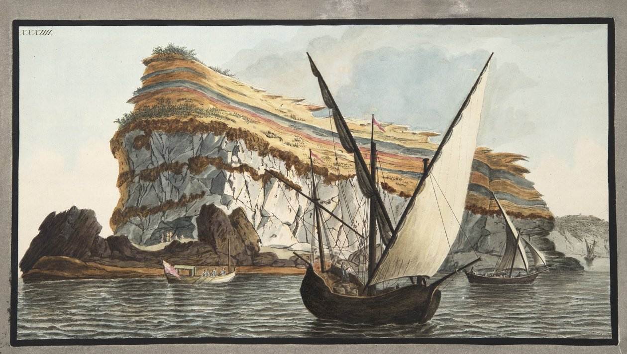 Utsikt fra havet på neset, Capo dell'Arco på øya Ventotiene, plate XXXI, fra 'Campi Phlegraei: Observations on the Volcanoes of the Two Sicilies', av Sir William Hamilton (1730-18) av Pietro Fabris