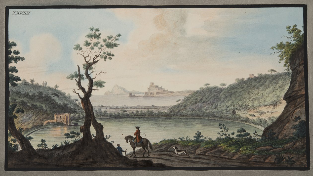 Utsikt over Lake Avernus fra veien mellom Puzzoli og Cuma, Plate XXIX, fra 