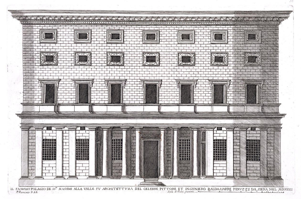 Utsikt over fasaden til Palazzo Massimi alla Valle, Roma designet av Baldassarre Peruzzi (1481-1536) i 1532 av Pietro Ferrerio