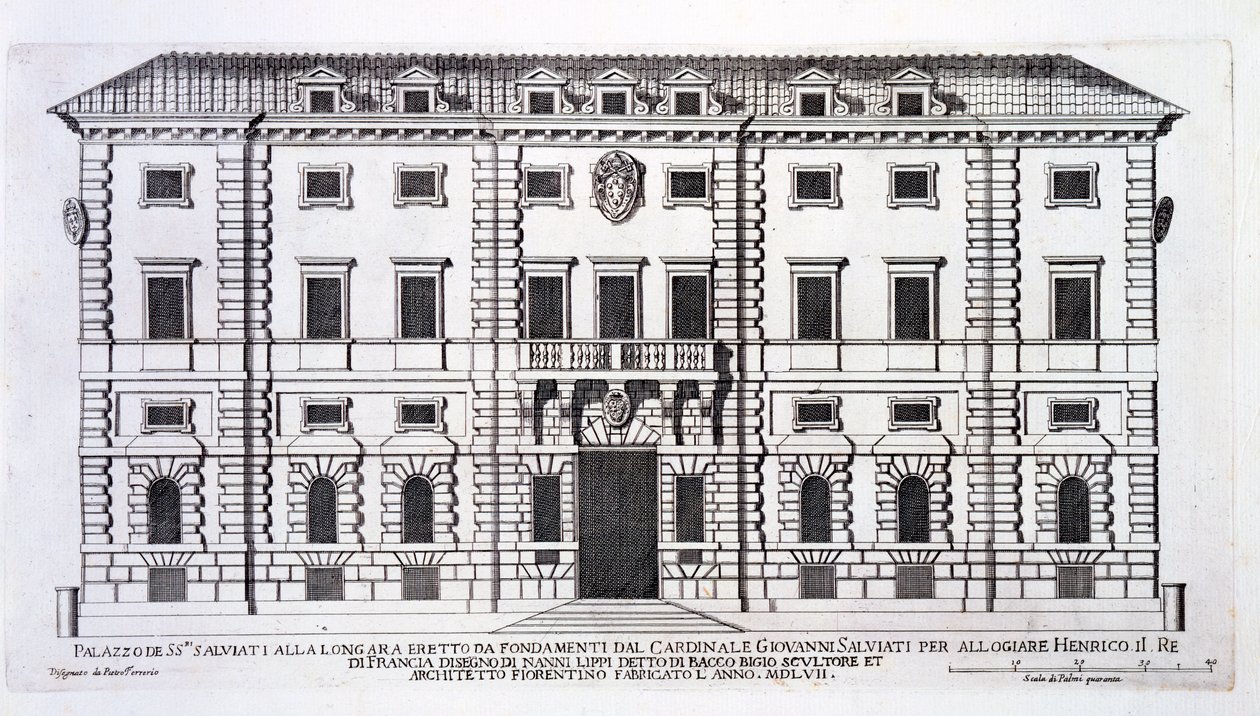 Utsikt over fasaden til Palazzo Salviati i Roma, på oppdrag av kardinal Giovanni Salviati for å huse Henry, kongen av Frankrike, og designet av Nanni di Baccio Bigio (d.c.1568) i 1557 av Pietro Ferrerio
