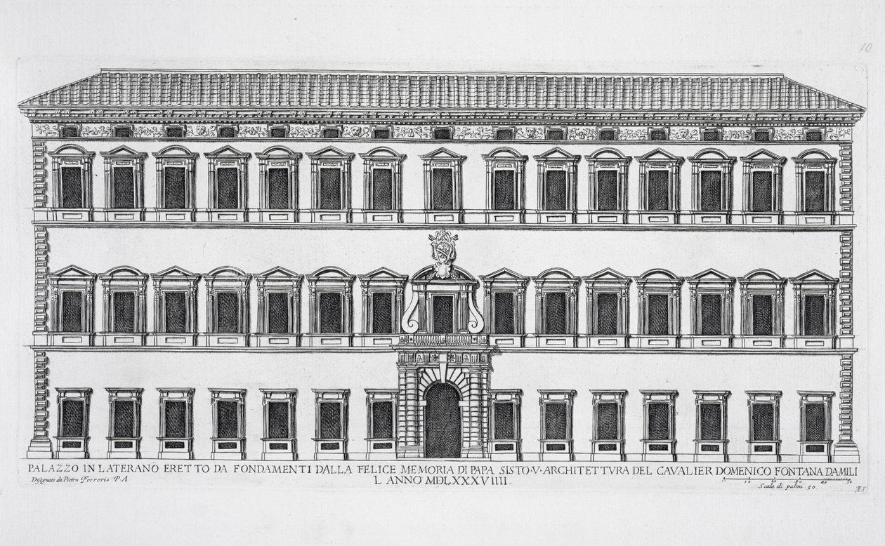 Utsikt over fasaden til Lateranpalasset, Roma, på oppdrag fra pave Sixtus V og designet av Domenico Fontana (1543-1607) i 1589 av Pietro Ferrerio
