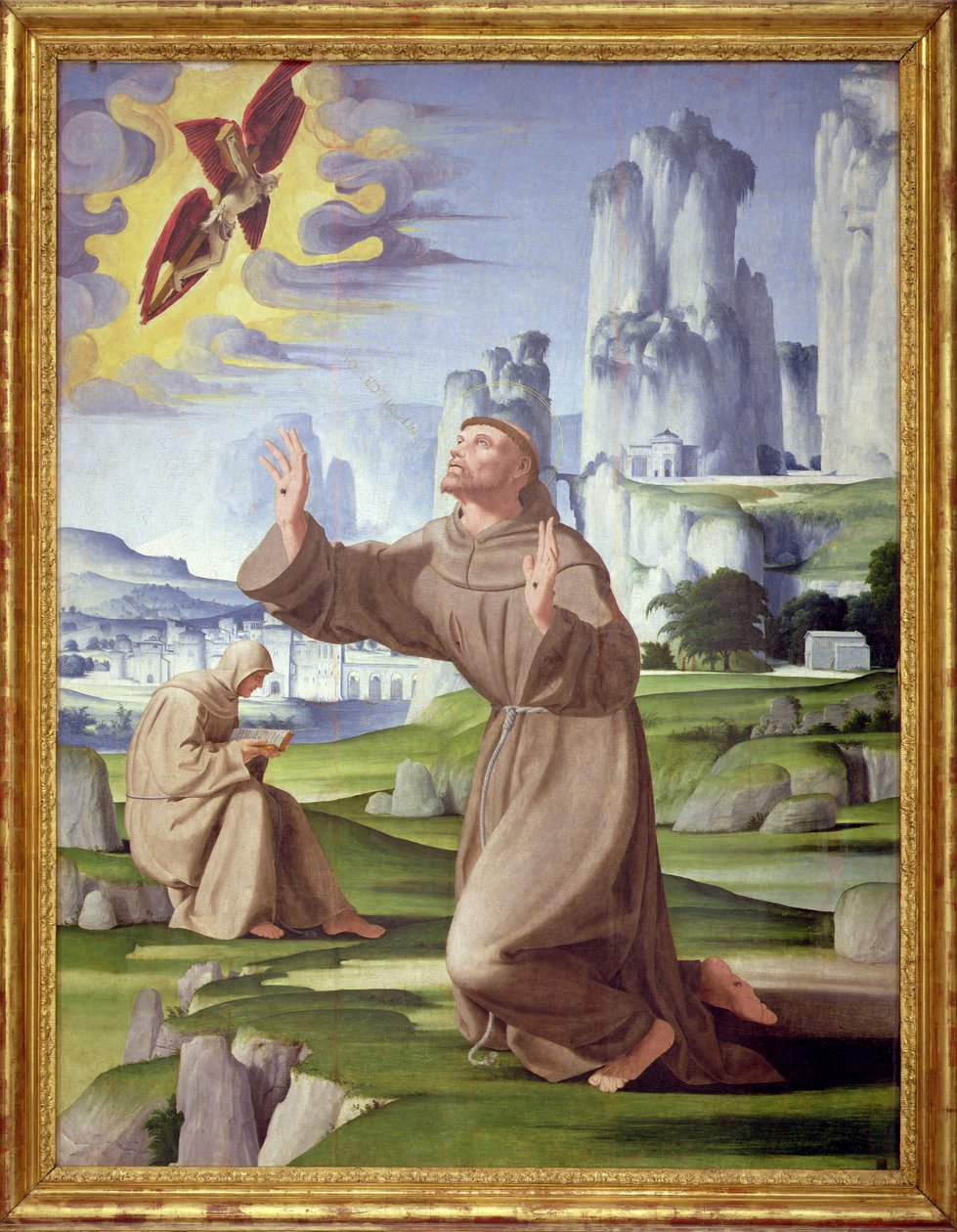St. Francis mottar Stigmata (tempera på panel) (se også 59263) av Pietro Francione