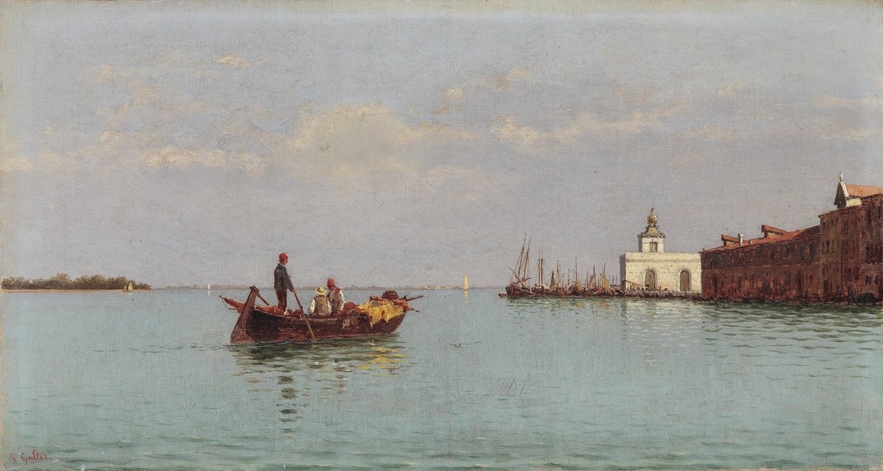 Utsikt over Punta della Dogana med en gondol i forgrunnen av Pietro Galter