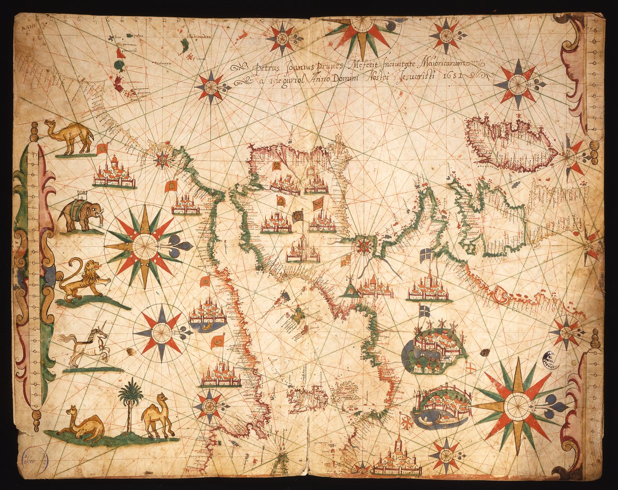Atlanterhavskysten av Europa og det vestlige Middelhavet, fra et nautisk atlas, 1651 (blekk på vellum) (se også 330920-330921) av Pietro Giovanni Prunes
