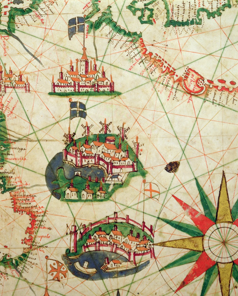 Byene Marseille og Genova med sine havner, fra et nautisk atlas, 1651 (blekk på vellum) (detalj fra 330919) av Pietro Giovanni Prunes