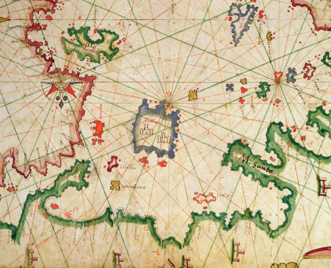 Øya Lemnos, fra et nautisk atlas, 1651 (blekk på vellum) (detalj fra 330925) av Pietro Giovanni Prunes