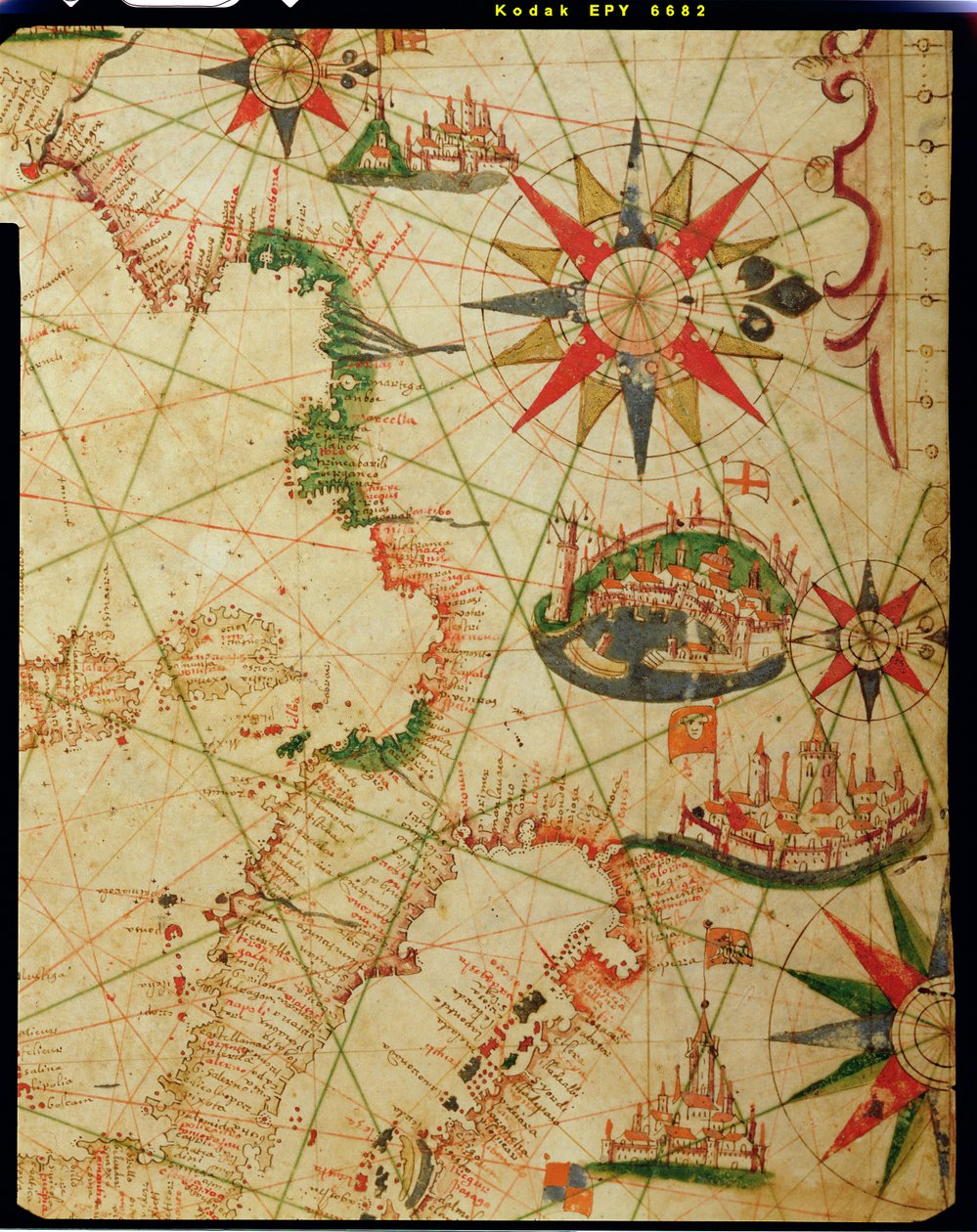 Sørkysten av Frankrike, Italia og Dalmatia, fra et nautisk atlas, 1651 (blekk på vellum) (detalj fra 330924) av Pietro Giovanni Prunes