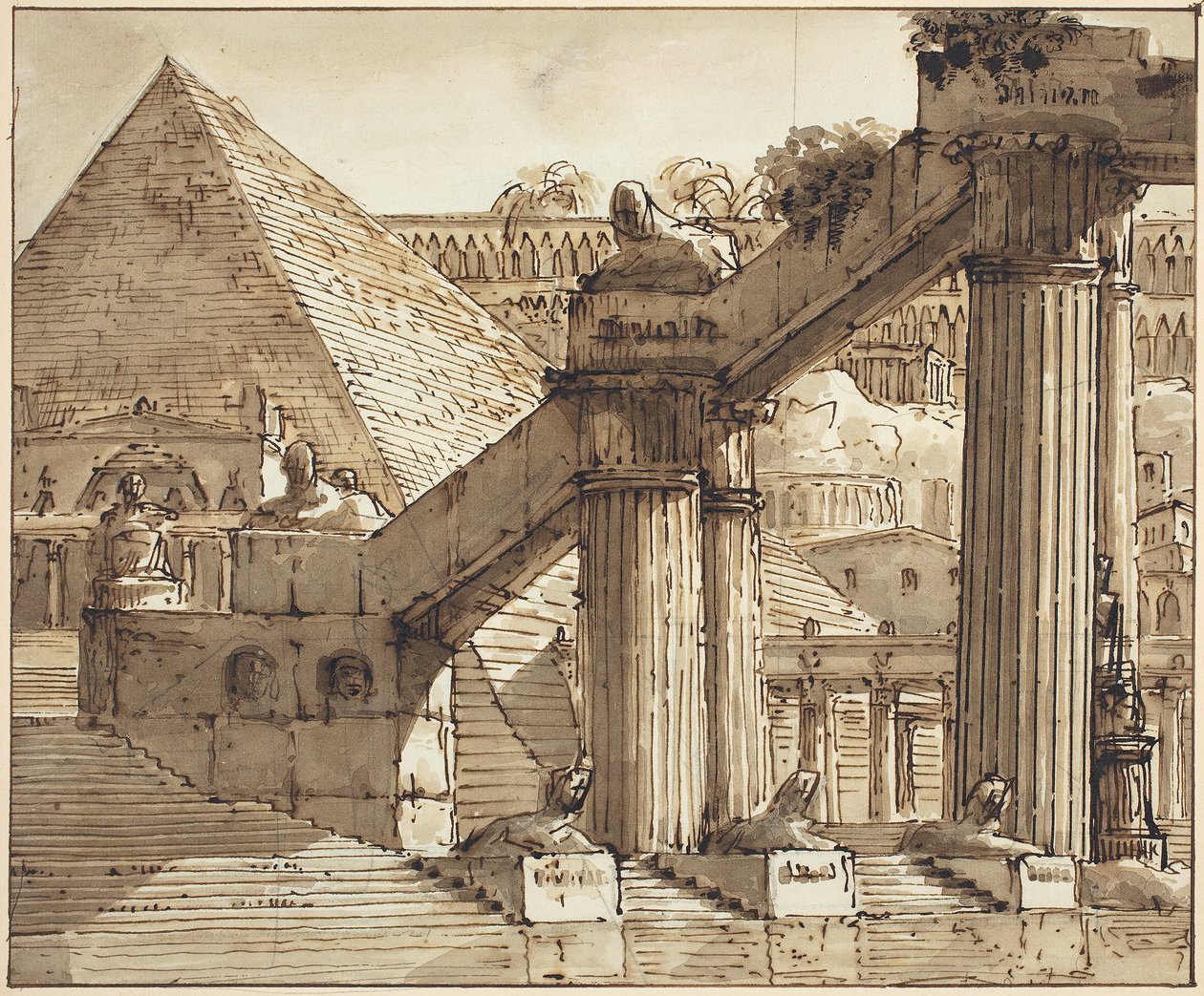 Egyptisk scenedesign, 1800-10 (penn og brunt blekk med brun vask over grafitt på lagt papir) av Pietro Gonzaga