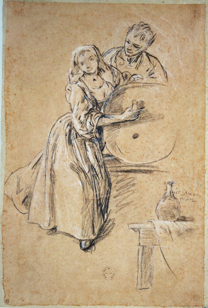 Vinheller med et Young Man (kritt) kort av Pietro Longhi