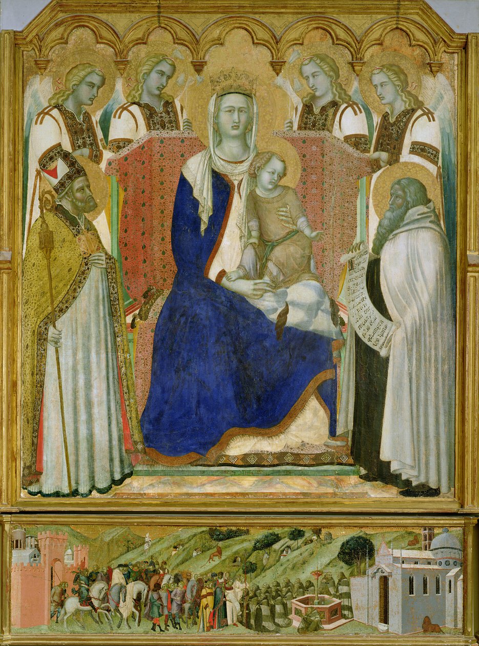 Karminaltertavlen, sentralpanel som viser jomfruen og barnet med engler, St. Nicholas og profeten, Elia, 1329 av Pietro Lorenzetti
