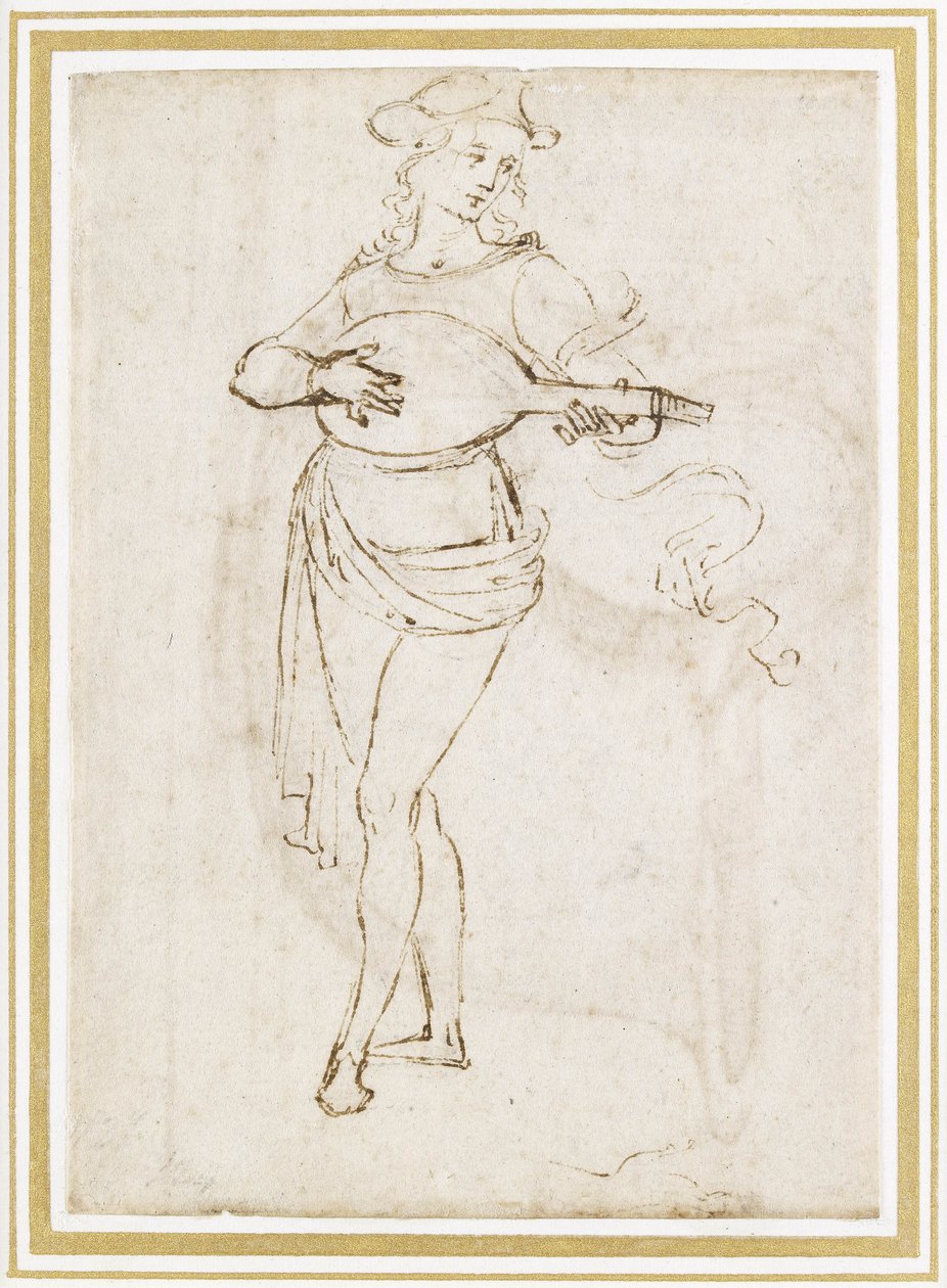 A Lute Player (penn og mørkebrunt blekk over svart kritt på off-white papir) av Pietro Perugino