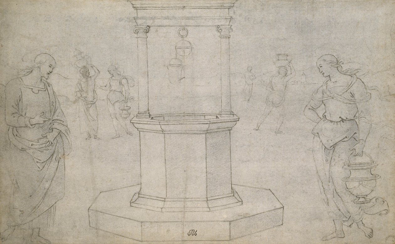 Kristus og kvinnen i Samaria (svart kritt på off-white papir) av Pietro Perugino