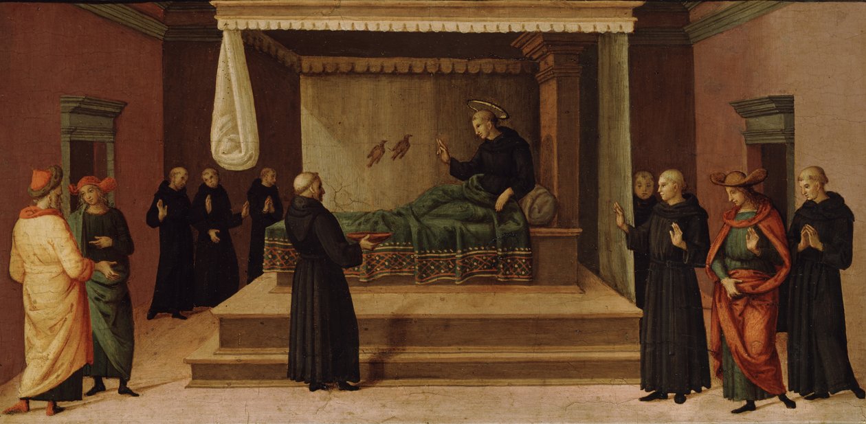St. Nicholas av Tolentino gjenoppretter liv til to rapphøns, ca. 1500-30 (tempera på trepanel) av Pietro Perugino