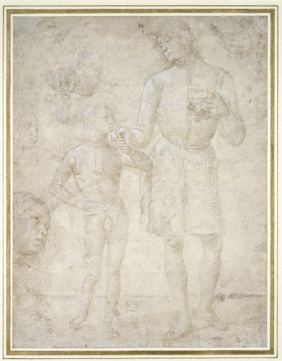 Studier for Tobias og engelen (sølvpunkt, forsterket med hvit kroppsfarge (oksidert) på et blekt krempapir) av Pietro Perugino