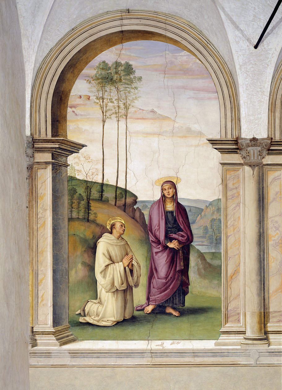 Korsfestelsen, detalj av St. Bernard og Maria Magdalena, 1494-96 freskomaleri av 230578 av Pietro Perugino