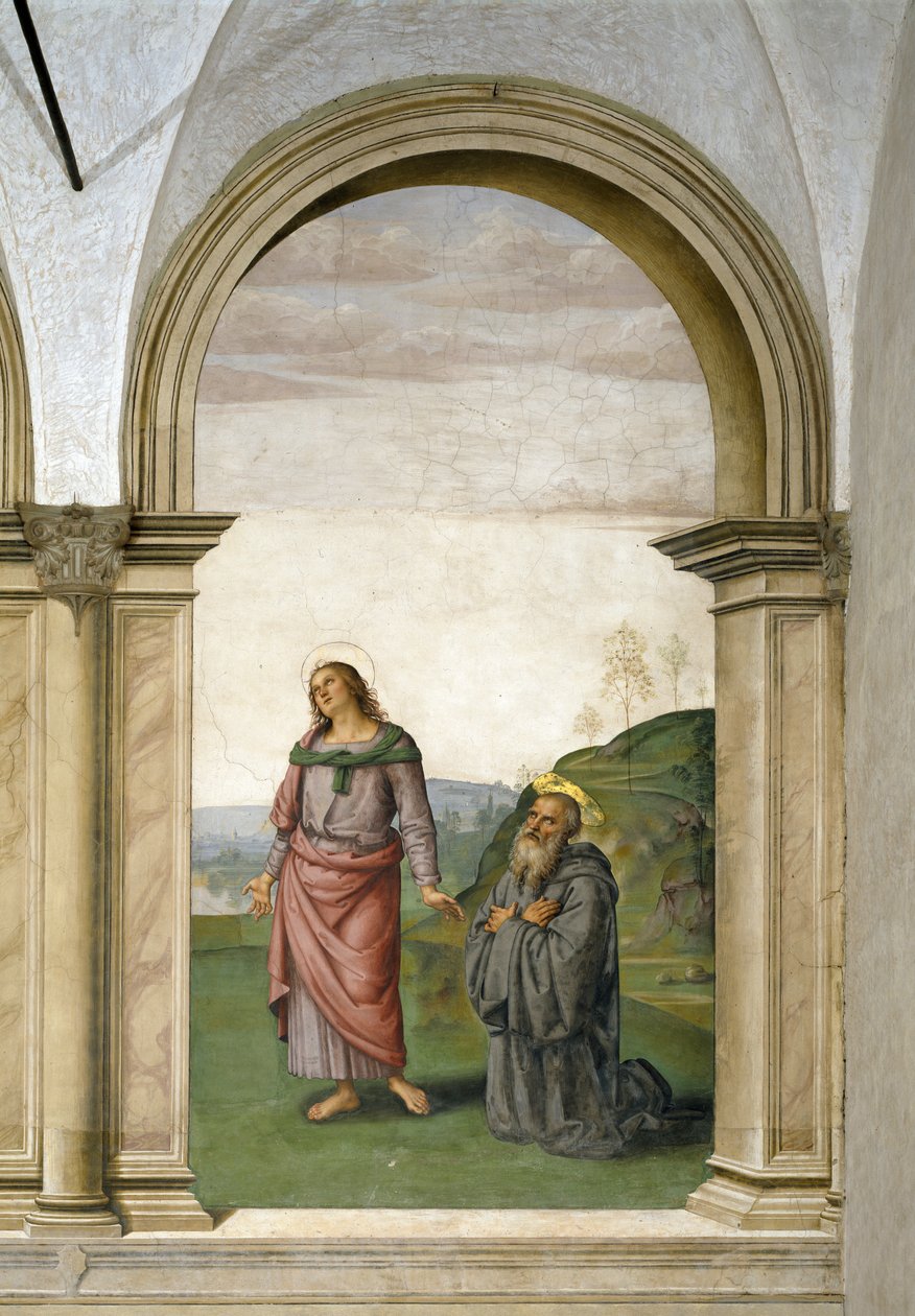 Korsfestelsen, detalj av St. Johannes evangelisten og St. Benedikt, 1494-96 freskomaleri av 230578 av Pietro Perugino