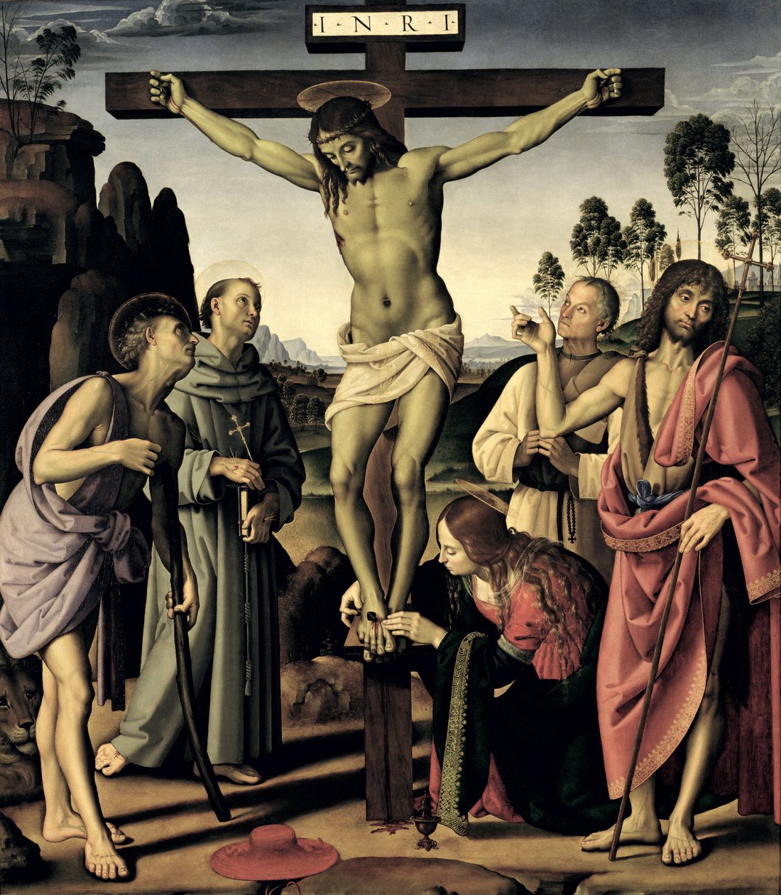 Korsfestelsen med de hellige Hieronymus, Frans, Maria Magdalena, døperen Johannes og den salige Giovanni Colombini, ca. 1480-1500 av Pietro Perugino