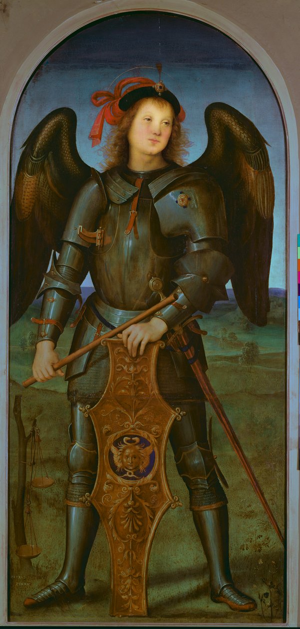 Jomfruen og barnet med SS. Raphael og Michael: venstre panel av St. Michael, ca. 1499 (panel) av Pietro Perugino