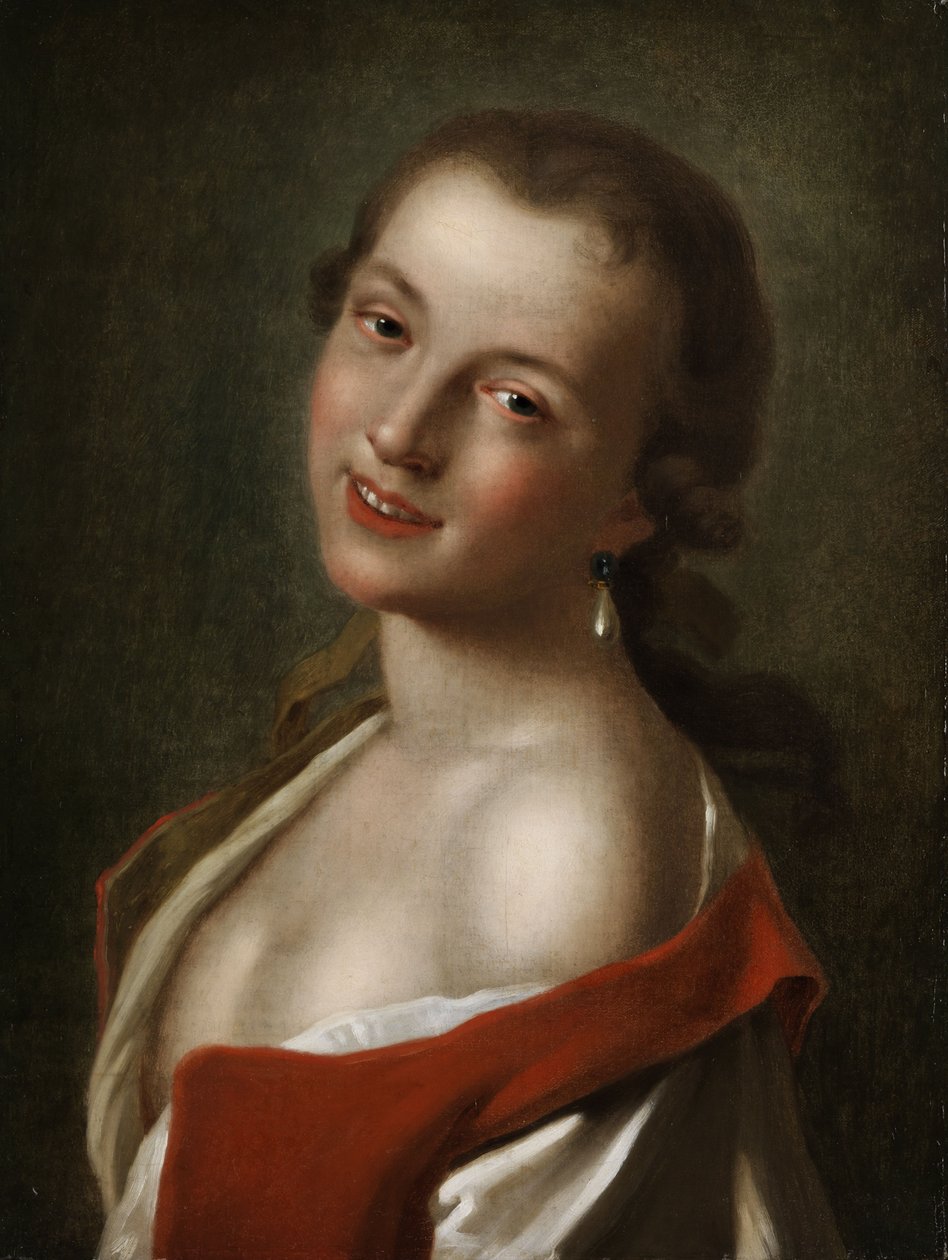 Halv portrett av en ung smilende jente med en dråpeformet perleørering av Pietro Antonio Rotari